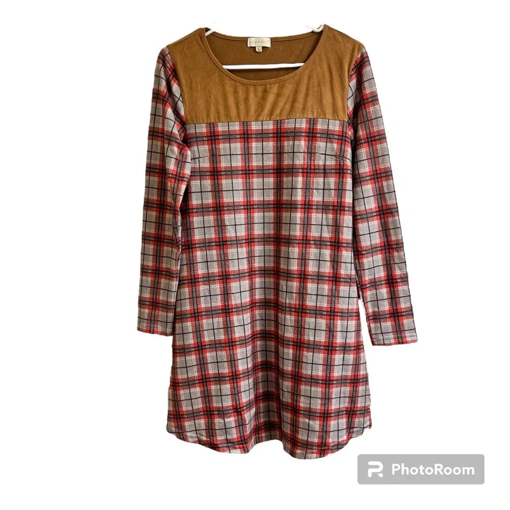 Simply Southern Women’s Sm Red Plaid Flannel Dress Faux Suede With Elbow Patches